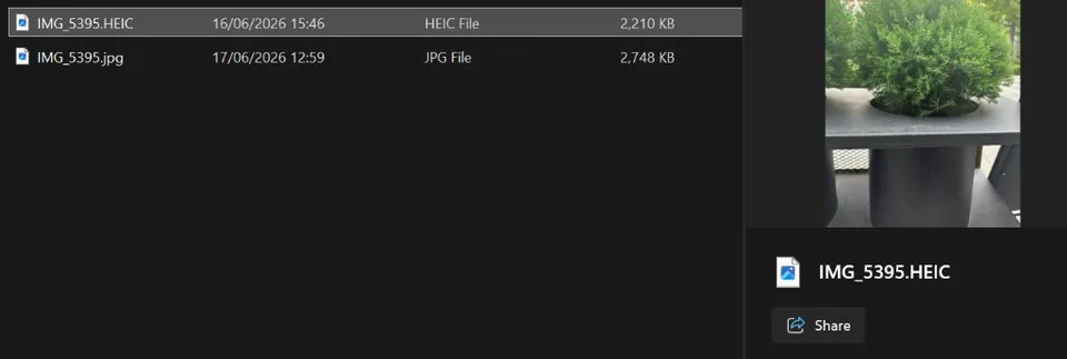 Same photo on disk: HEIC often smaller than JPG at similar quality — JPG wins on compatibility
