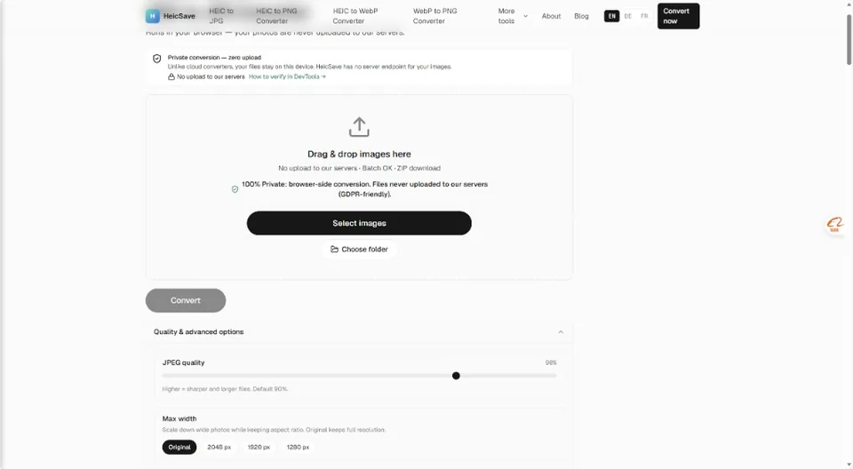 HeicSave before convert: drag-and-drop zone, 90% quality slider, private browser-local processing
