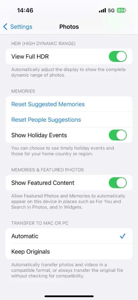 Settings → Photos → Transfer to Mac or PC — Automatic vs Keep Originals