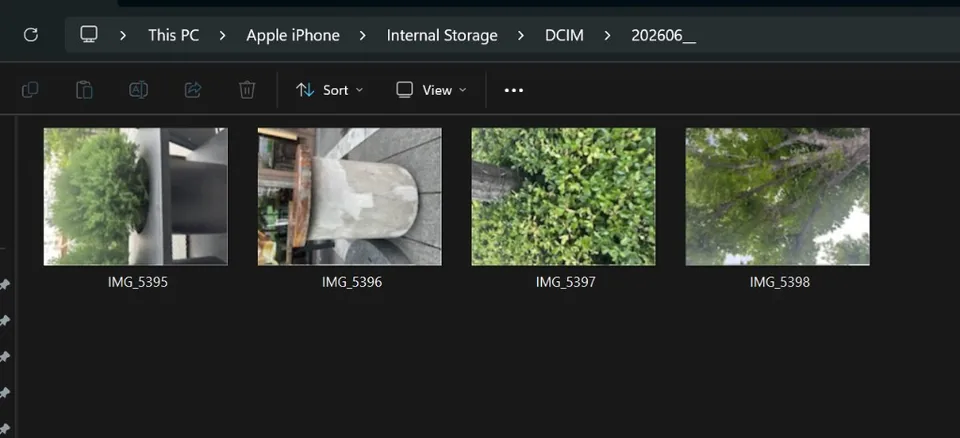 File Explorer: This PC → Apple iPhone → Internal Storage → DCIM — iPhone photos copied here are often still HEIC